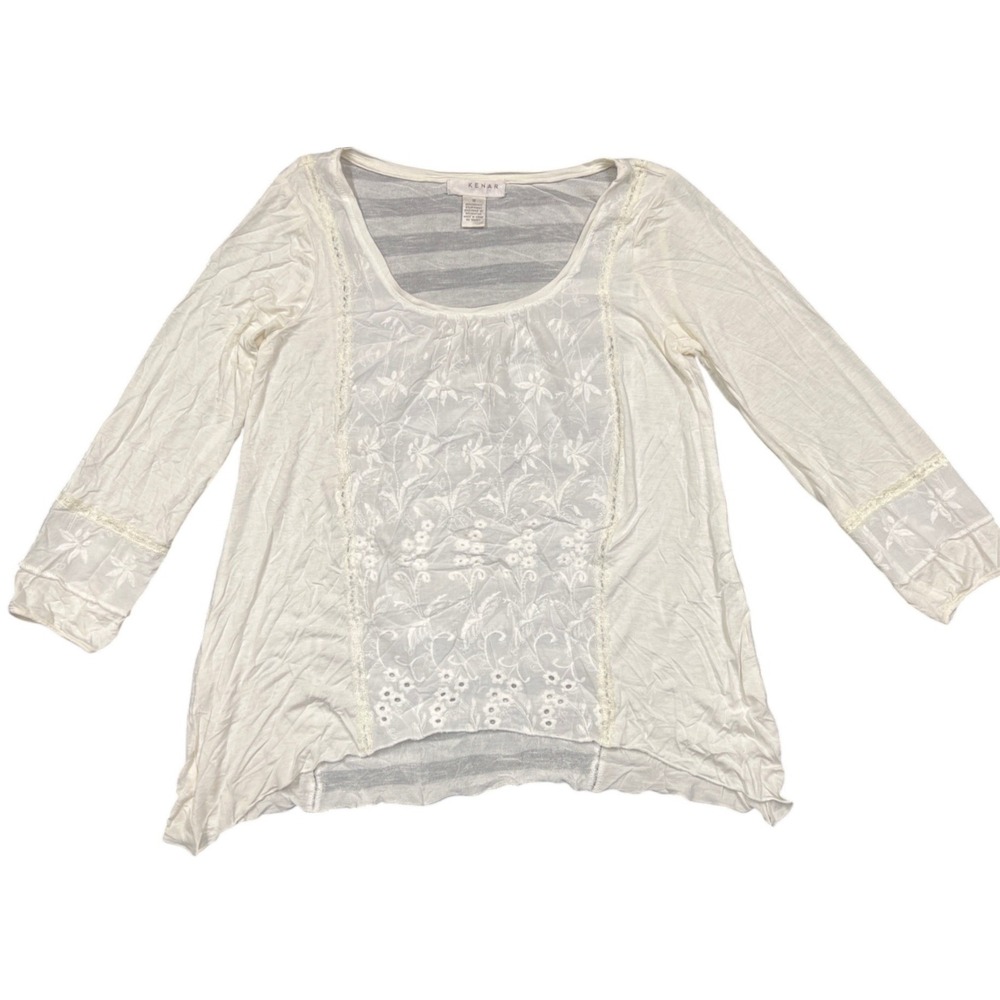 Kenar Womens Small Cream Floral Embroidered Lace Trim 3/4 Sleeve Tunic Blouse